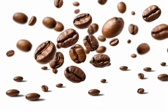 A surreal image of coffee beans floating in mid-air, with no visible means of support. The coffee beans are shown in a variety of shapes and sizes on white background. Generative Ai