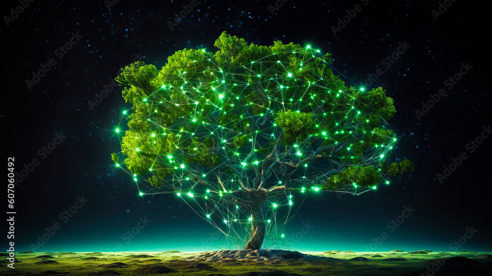 Poster bitcoin, cryptocurrency and blockchain technology, concept tree for your design. ai generated