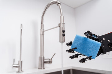 Real robot's hand holding sponge for dishwashing in stainless sink and faucet