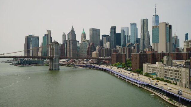 New York City Downtown Financial District Skyline With Brooklyn Bridge