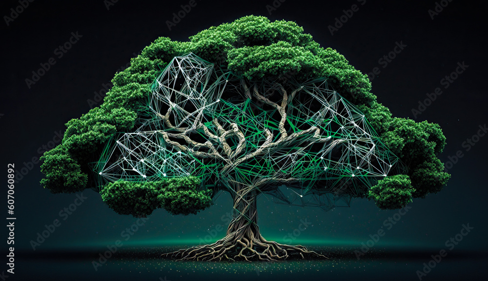 Poster bitcoin, cryptocurrency and blockchain technology, concept tree for your design. ai generated