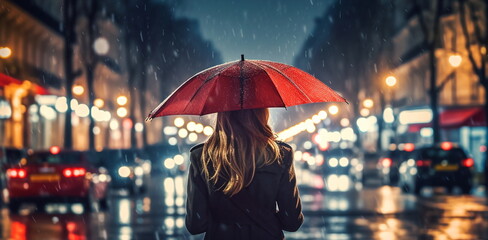 evening rainy new york city street , in hight modern building windows people silhouette, car traffic light ,romanticman and woman couple,people silhouette with umbrella ,generated ai - obrazy, fototapety, plakaty