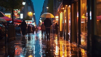 Fototapeta premium evening rainy new york city street , in hight modern building windows people silhouette, car traffic light ,romanticman and woman couple,people silhouette with umbrella ,generated ai