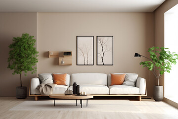 A living room with a large wall that has a plant in it and a couch.