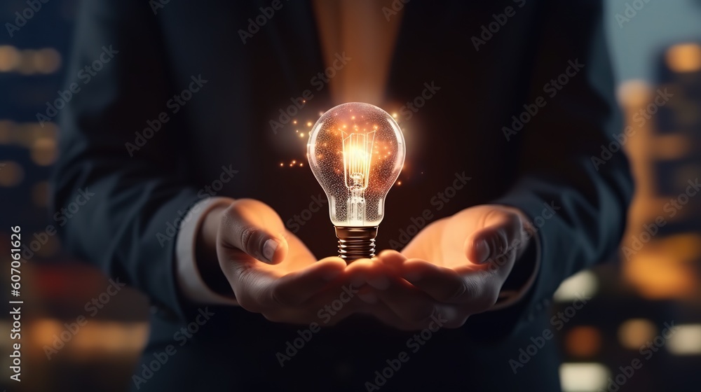Aufkleber a businessman holding a creative light bulb with an industry network in his hand. futuristic innovat