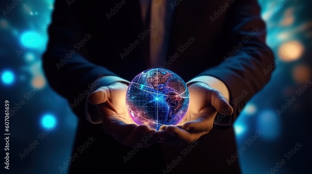 Aufkleber a businessman holding the hand of night grow earth and a global online network with data exchange. f