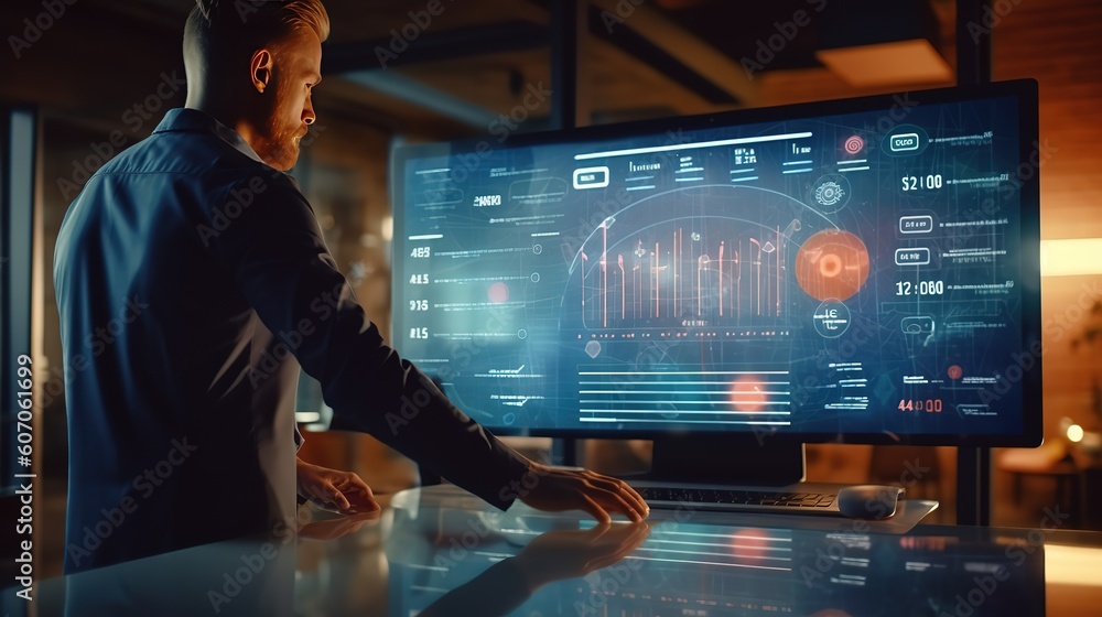 Poster Manual work with business data analytics, process management using financial charts.Futuristic innovative technologies. Generative AI