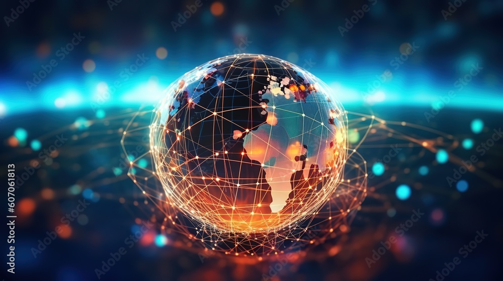 Poster The global world Wide Web and telecommunications on earth, cryptocurrency, blockchain and the Internet of Things.Futuristic innovative technologies. Generative AI