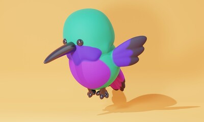 Cartoon bright hummingbird on a yellow background. 3d rendering