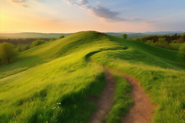 Obraz premium A picturesque winding path through a field with green grass. 