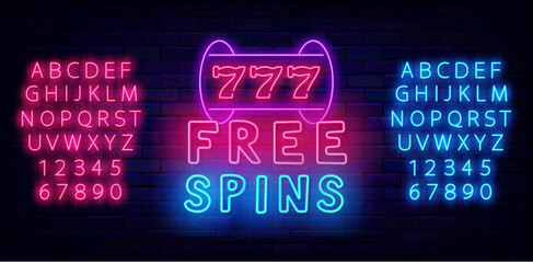 Free spins neon label. Jackpot sign. Shiny blue and pink alphabet. Typography sign. Vector stock illustration
