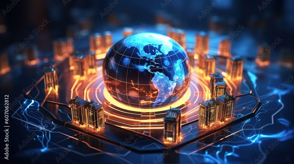 Aufkleber Telecommunications network and wireless mobile Internet technology with a connection on the ground.Futuristic innovative technologies. Generative AI