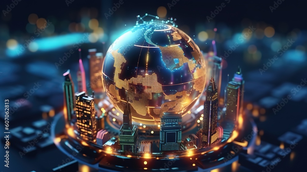 Aufkleber Telecommunications network and wireless mobile Internet technology with a connection on the ground.Futuristic innovative technologies. Generative AI
