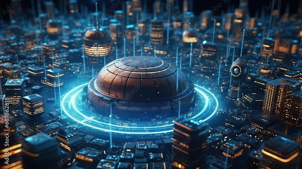 Aufkleber Telecommunications network and wireless mobile Internet technology with a connection on the ground.Futuristic innovative technologies. Generative AI