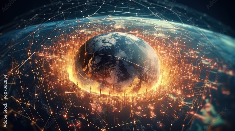 Aufkleber Telecommunications network and wireless mobile Internet technology with a connection on the ground.Futuristic innovative technologies. Generative AI
