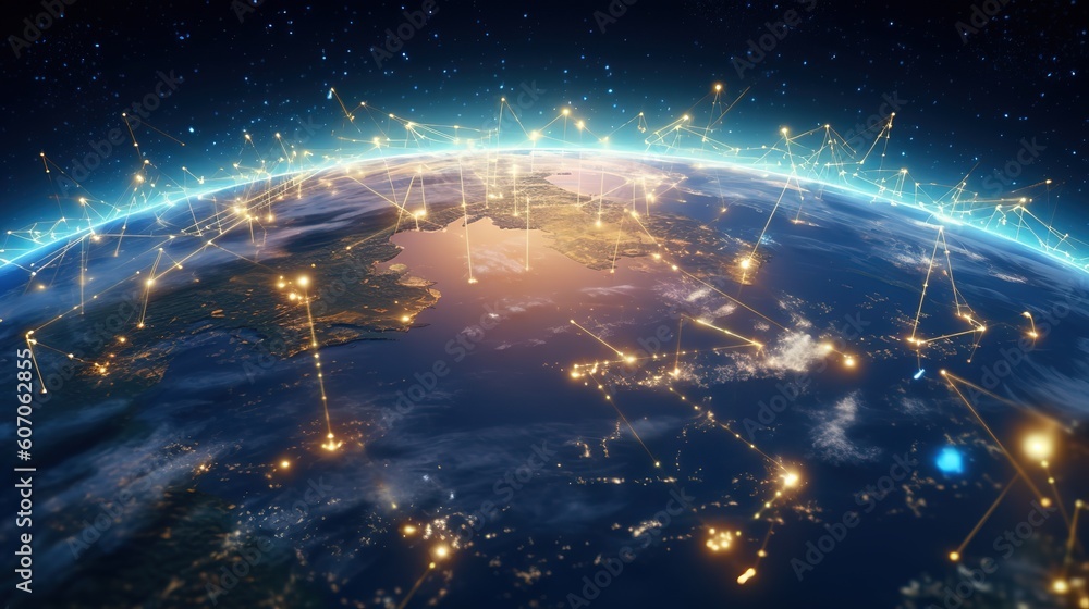 Aufkleber Telecommunications network and wireless mobile Internet technology with a connection on the ground.Futuristic innovative technologies. Generative AI