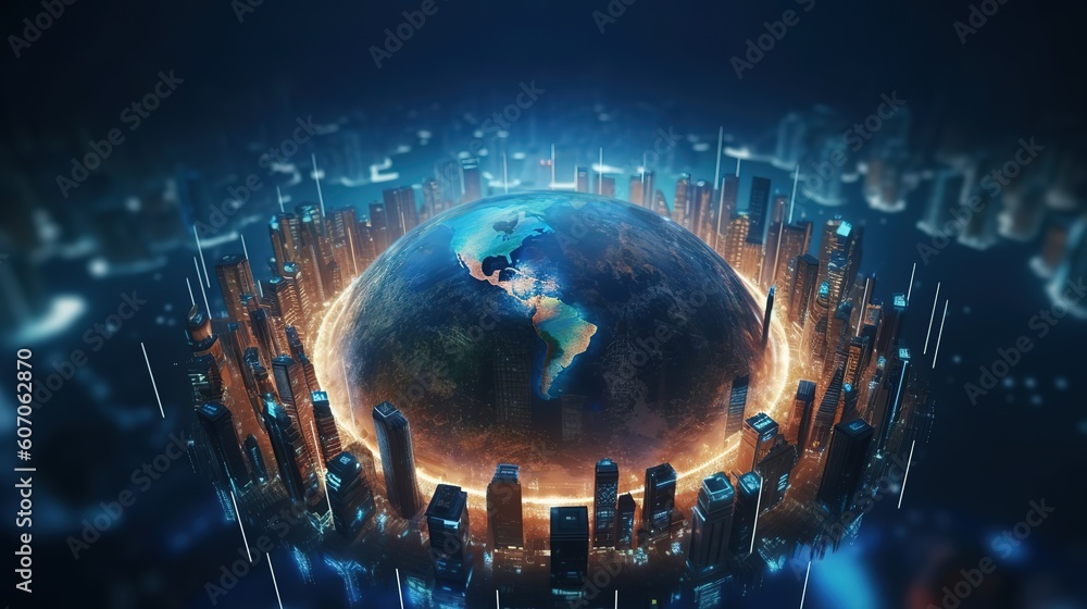 Aufkleber The global world Wide Web and telecommunications on earth, cryptocurrency, blockchain and the Internet of Things.Futuristic innovative technologies. Generative AI