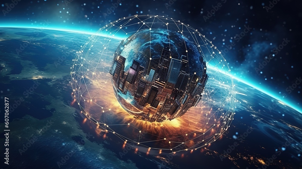 Aufkleber Telecommunications network and wireless mobile Internet technology with a connection on the ground.Futuristic innovative technologies. Generative AI
