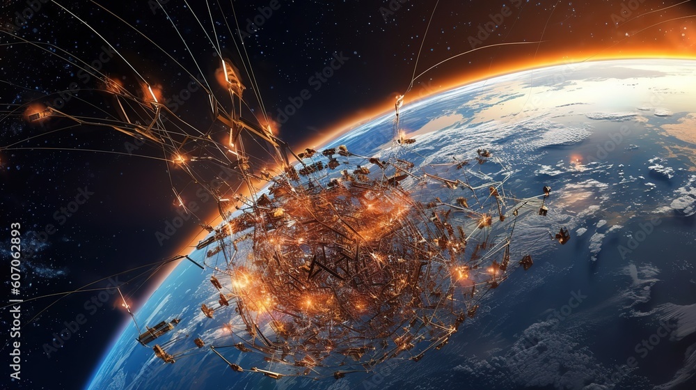 Aufkleber Telecommunications network and wireless mobile Internet technology with a connection on the ground.Futuristic innovative technologies. Generative AI