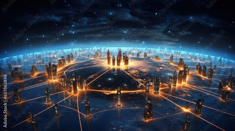Poster The global world Wide Web and telecommunications on earth, cryptocurrency, blockchain and the Internet of Things.Futuristic innovative technologies. Generative AI