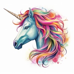 Naklejka na ściany i meble An vector illustration of a mythical unicorn, with a rainbow-colored mane and horn, against a white background. Printable design for tattoo, wall art, posters, t-shirts, mugs, cases. Generative AI
