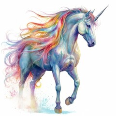 Fototapeta na wymiar An vector illustration of a mythical unicorn, with a rainbow-colored mane and horn, against a white background. Printable design for tattoo, wall art, posters, t-shirts, mugs, cases. Generative AI