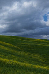 Tuscany fields in springtime, cloudy day mood, Val d'Orca, Pienza region