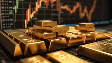 Gold bullion against stock market charts created with generative AI technology - obrazy, fototapety, plakaty