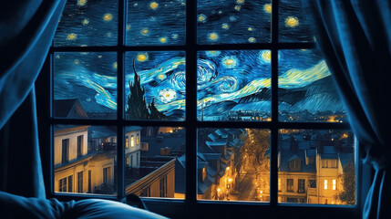 View from the panoramic window of the city on a starry night created with generative AI technology