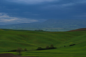 Fototapeta na wymiar Tuscany fields in springtime, cloudy day mood, Val d'Orca, Pienza region