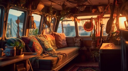 Fototapeta na wymiar AI Explore the cozy and versatile interior of a camper van in this captivating photograph, showcasing the perfect balance of comfort and adventure on the road. Ideal for travel