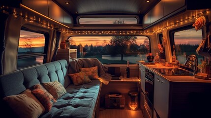 Fototapeta premium AI Explore the cozy and versatile interior of a camper van in this captivating photograph, showcasing the perfect balance of comfort and adventure on the road. Ideal for travel