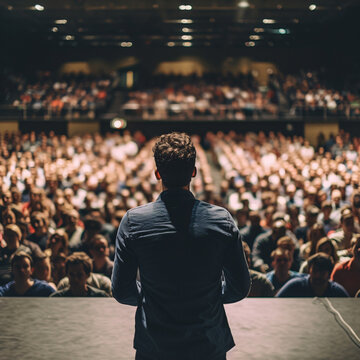 A Speaker With A Microphone From Behind Who Speaks To A Unfocused Crowd Of People Sitting And Facing To Him In A Big Hall 