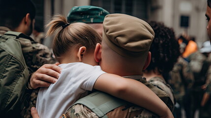 Fototapeta na wymiar Soldier hugging his child, hug for farewell