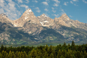 Grand Teton Rises High Over The Trees In The Valley Below
