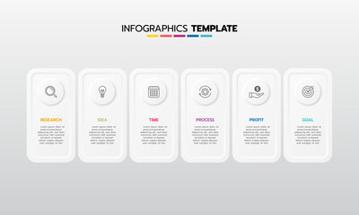 Naklejka na ściany i meble Business infographic template process with simple geometry square, rectangle, circle, triangle, curves in flat design template with thin line icons and 6 options or steps. Vector illustration.