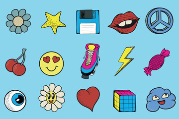 Set Of Retro Elements Cartoon Style Stickers. 80s and 80s Vintage Vector Illustration