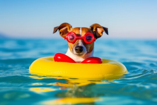 Dog on a mattress enjoying in the ocean water, Concept summer vacation holidays. Generative AI