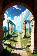 Roman forum ruins, Colorful Cartoon-Realistic Style, Children's Book Illustrations, Environmental Awareness Campaigns, Video Game Backgrounds. Rich Greenery Details for Nature-inspired Design 