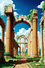 Obraz premium Roman forum ruins, Colorful Cartoon-Realistic Style, Children's Book Illustrations, Environmental Awareness Campaigns, Video Game Backgrounds. Rich Greenery Details for Nature-inspired Design 