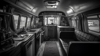 Fototapeta premium AI Explore the cozy and versatile interior of a camper van in this captivating photograph, showcasing the perfect balance of comfort and adventure on the road. Ideal for travel enthusiasts and van lif