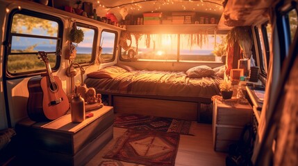 Fototapeta na wymiar AI Explore the cozy and versatile interior of a camper van in this captivating photograph, showcasing the perfect balance of comfort and adventure on the road. Ideal for travel enthusiasts and van lif