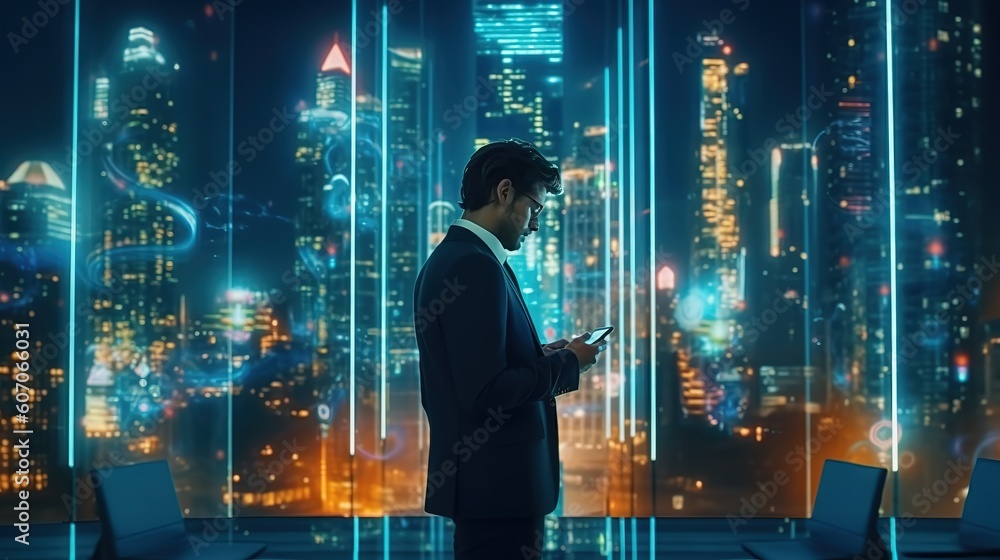 Poster A smart entrepreneur considering the Global business connection technology interface to connect to a global partner.Futuristic innovative technologies. Generative AI