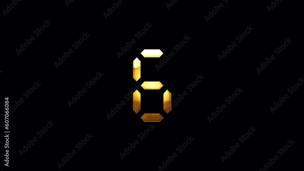 Poster loop digital number six golden shine light motion text with glitch effect animation on black abstrac