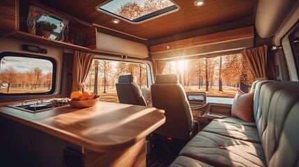 AI Explore the cozy and versatile interior of a camper van in this captivating photograph, showcasing the perfect balance of comfort and adventure on the road. Ideal for travel enthusiasts and van lif