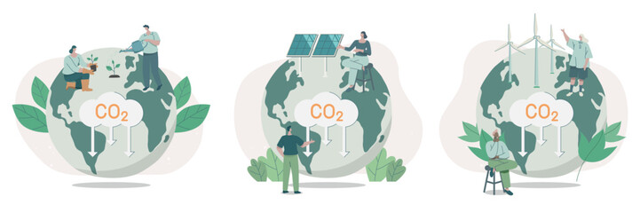 Set of climate change problem concepts. People care about the ecology and the environment. Using clean energy to reduce CO2 emissions. Sustainable Environmental Management. Vector design illustration.
