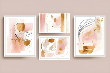 Abstract Arrangements. Elements, textures. Posters. Terracotta, blush, pink, ivory, beige watercolor Illustration and gold elements, on white background. Modern print set. Wall art. Business card