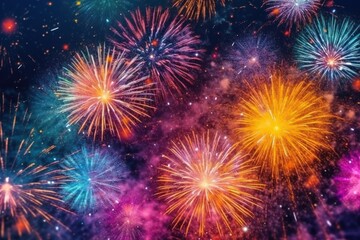 Fototapeta na wymiar Colorful fireworks at New Year and copy space abstract holiday background elegant glitter confetti.