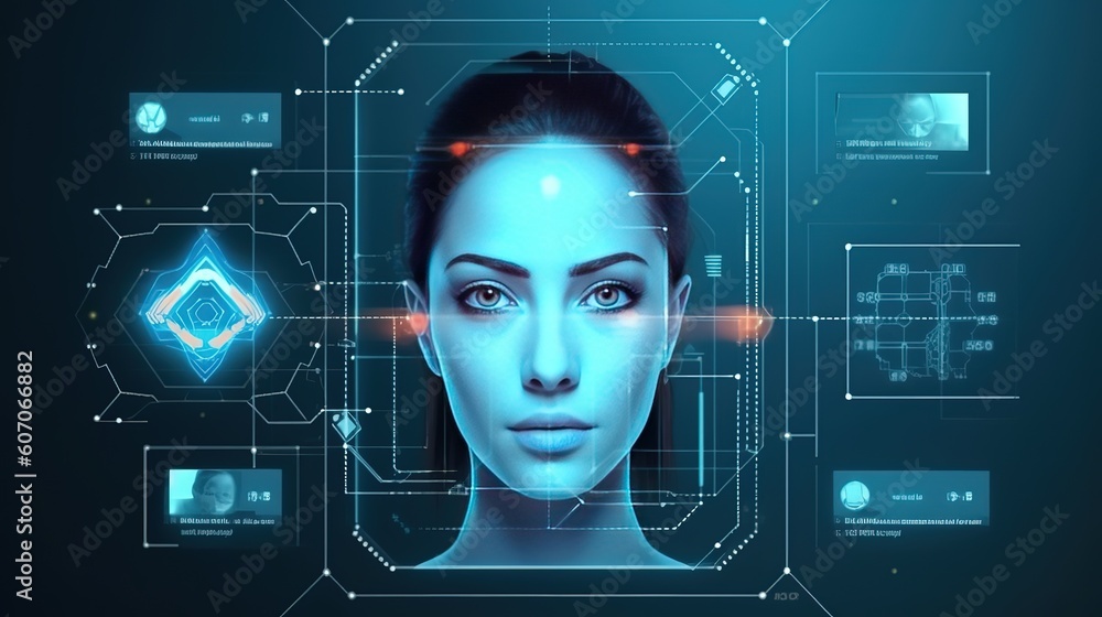 Aufkleber The concept of a facial recognition system with a face recognition and 3D scanning interface. Futuristic innovative technologies. Generative AI