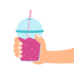 vector illustration of hand holding plastic cup with drink